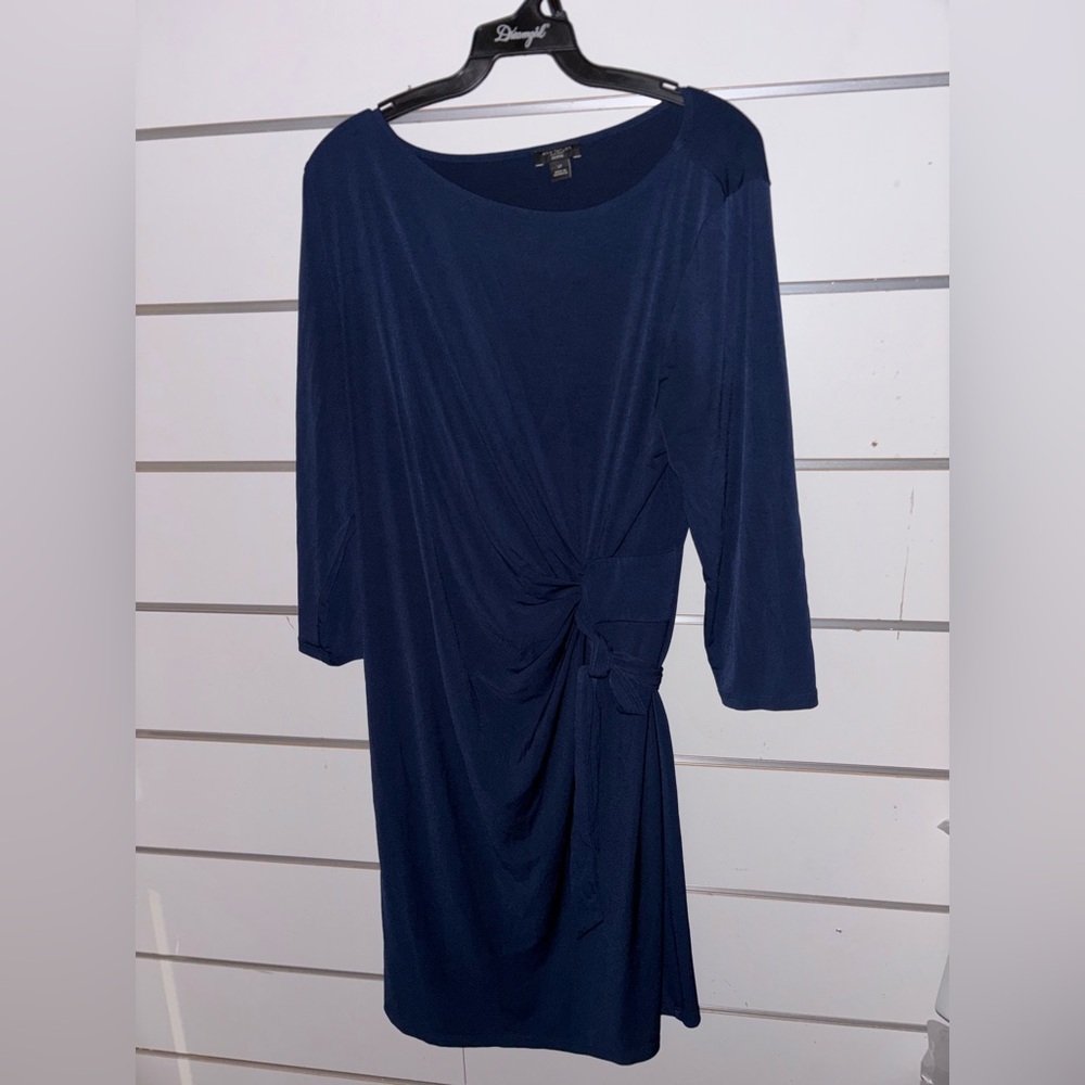 Ann Taylor Petite Large‎ Navy Ruched Sheath Dress Faux Wrap Career Midi
